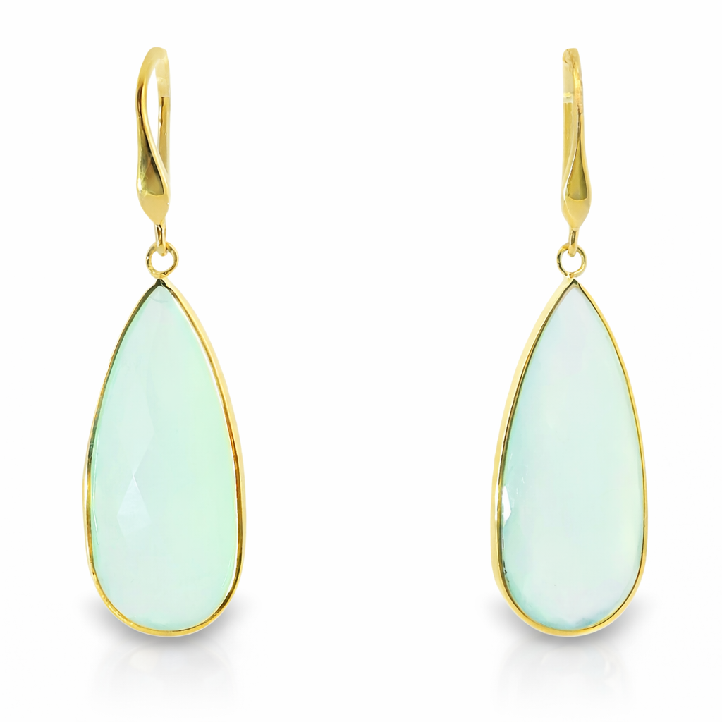 Plain Hoop With Turquoise Chalcedony Stone 14k Yellow Gold Earring