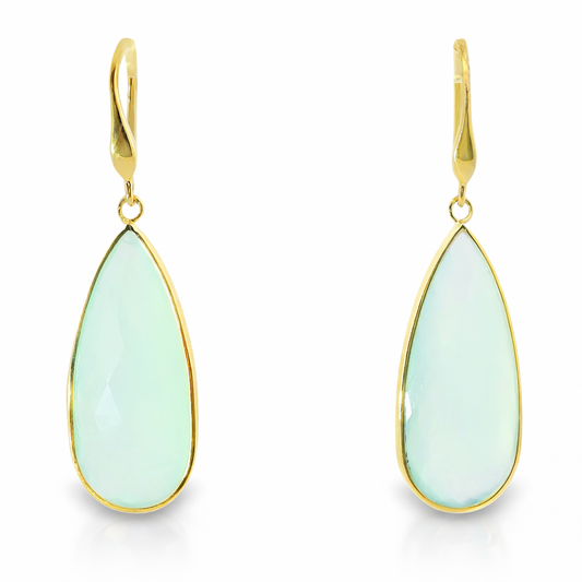 Plain Hoop With Turquoise Chalcedony Stone 14k Yellow Gold Earring