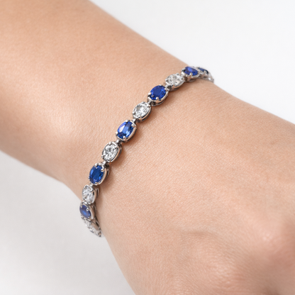 1.17CT Oval Lab Diamond 4.25CT Blue Sapphire 14K White Gold Bracelet