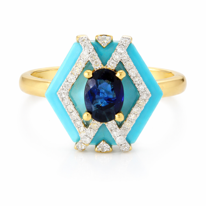 0.14 CT Diamond with 0.4 8CT Blue Sapphire with Turquoise Agate Ring 14K Yellow Gold