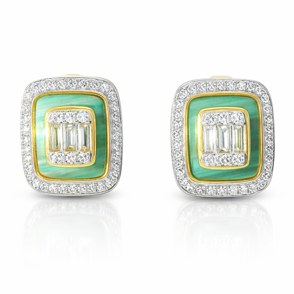 0.45CT Diamond with Green Malachite  14k Yellow Gold Earring