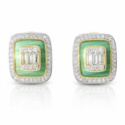 0.45CT Diamond with Green Malachite  14k Yellow Gold Earring