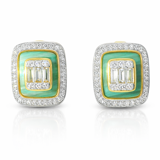 0.45CT Diamond with Green Malachite  14k Yellow Gold Earring