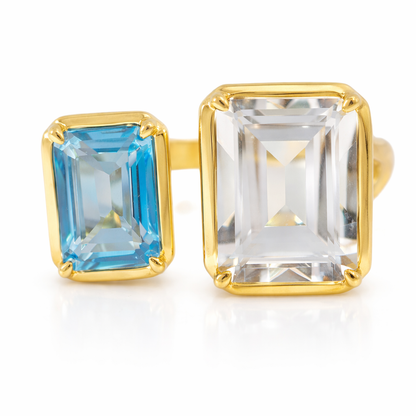 1.05CT Blue and 2.31CT White Topaz Ring 14K Yellow Gold