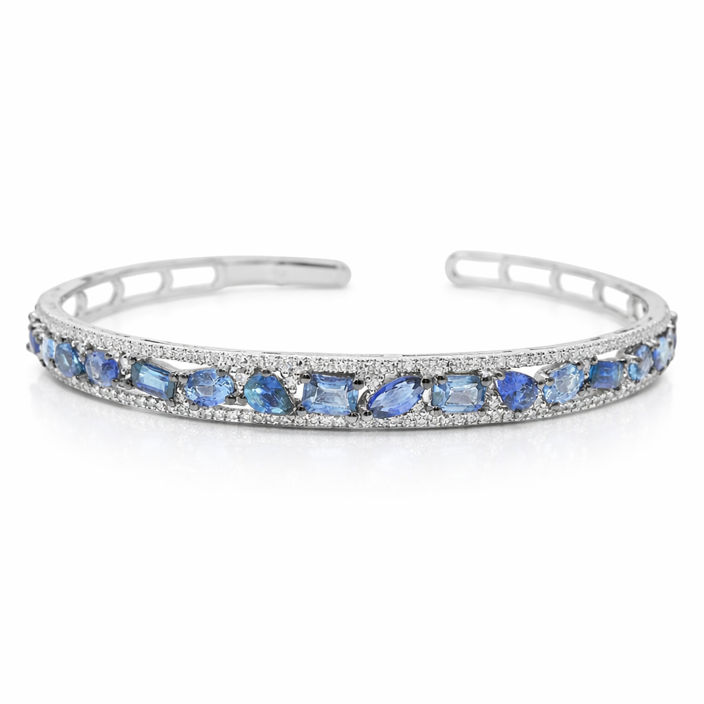 0.66CT Diamond 2.87CT Blue Sapphire Bangle 14k White Gold