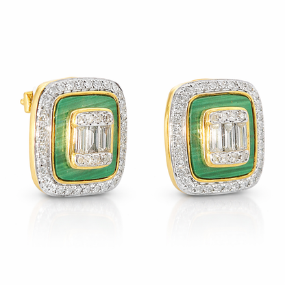 0.45CT Diamond with Green Malachite  14k Yellow Gold Earring