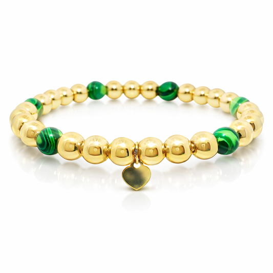 Plain Beaded with Malachite 14k Yellow Gold Bangle
