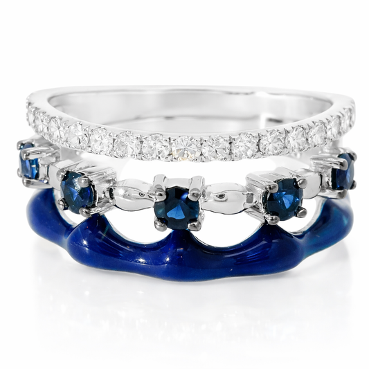0.24CT Diamond and 0.36CT Blue Sapphire with Blue Enamel Ring 14K White Gold