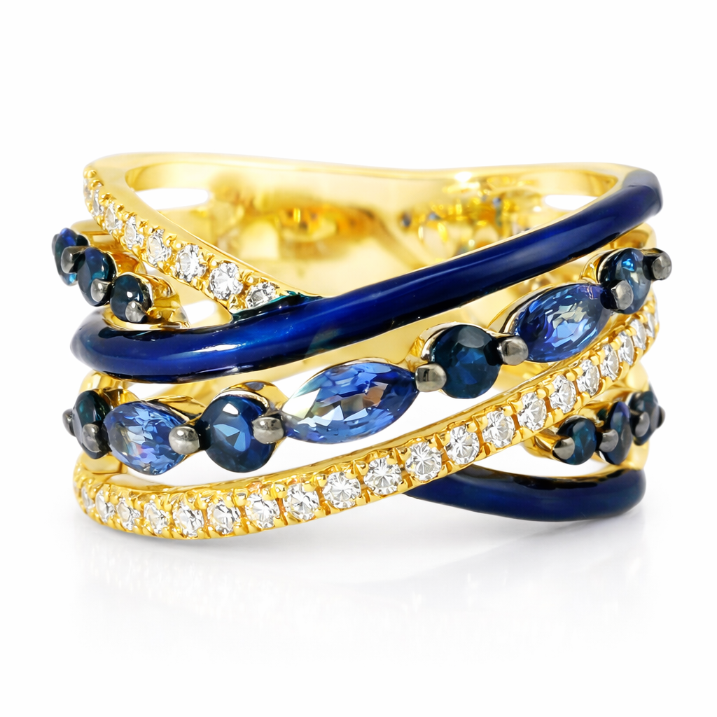 0.26CT Diamond and 1.30CT Blue Sapphire with Blue Enamel 14K Yellow Gold
