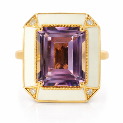 0.03CT Diamond and 4CT Emerald Cut Purple Amethyst Ring 14K Yellow Gold