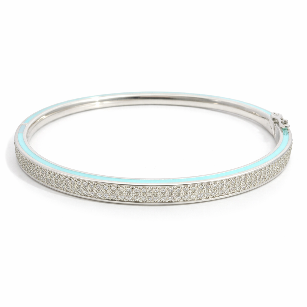 1.16CT Diamond Bangle with Turquoise Enamel 14k White Gold