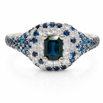 0.10CT Diamond & 0.83CT Blue Sapphire with Emerald Cut Blue Sapphire Centre Stone Ring 14k White Gold