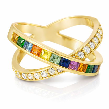 0.22CT Diamond and 0.93CT Mixed Sapphire Gemstone Ring 14K Yellow Gold