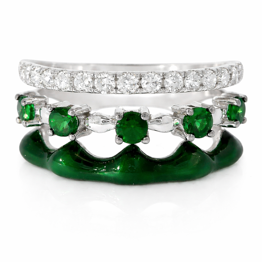 0.24CT Diamond and 0.44CT Green Garnet with Green Enamel Ring 14K White Gold