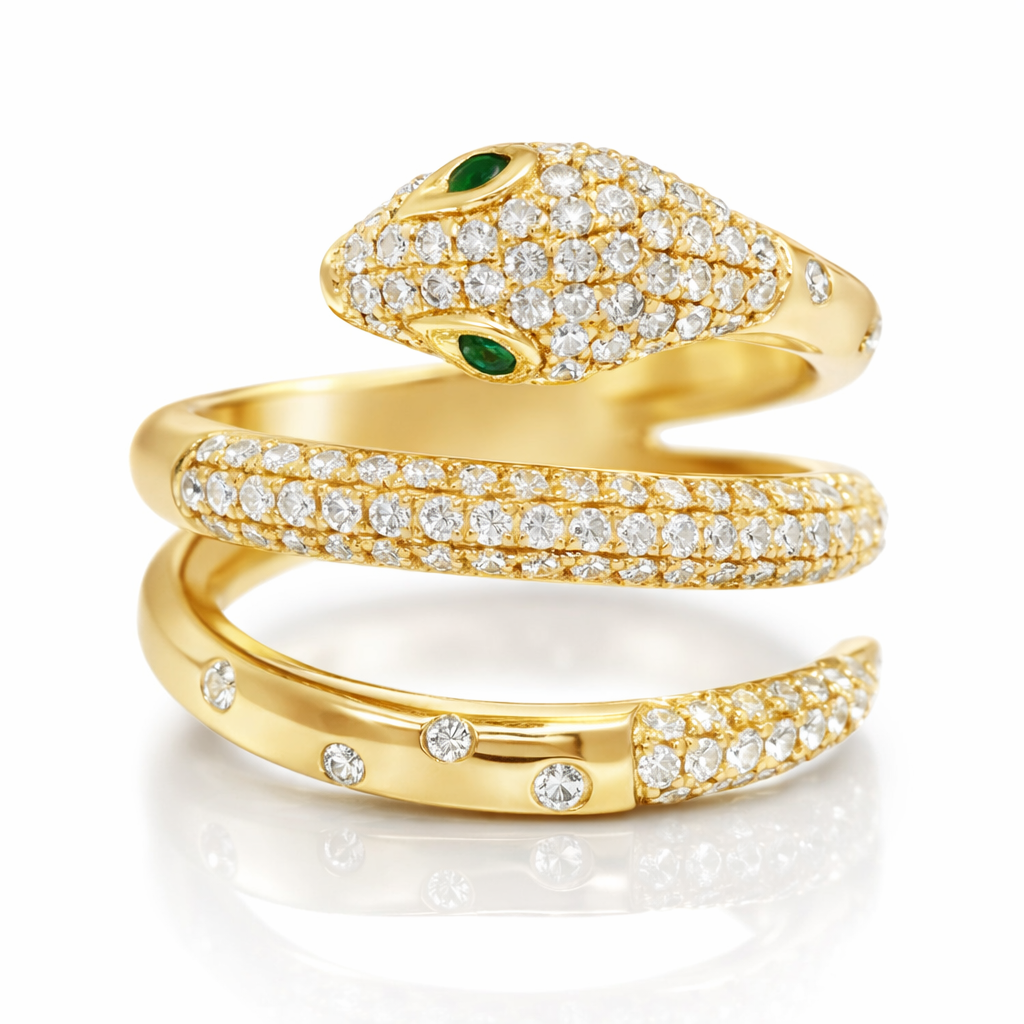 0.90 Diamond and 0.04CT Emerald Serpent Ring 14K Yellow Gold