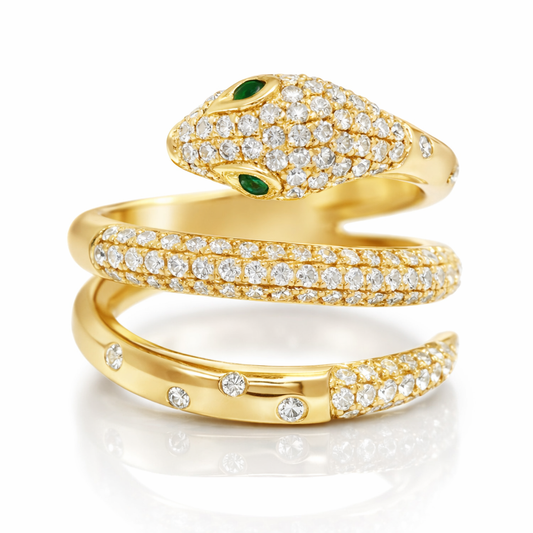 0.90 Diamond and 0.04CT Emerald Serpent Ring 14K Yellow Gold