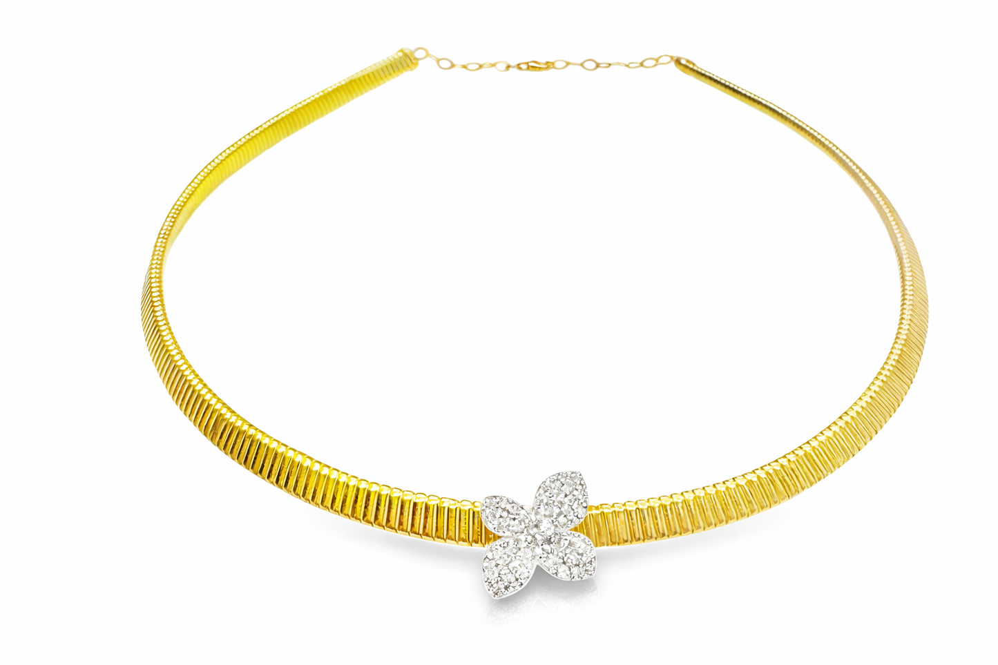 0.42CT Diamond Flower Plain Chain 14k Yellow Gold Necklace