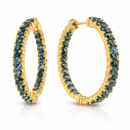 0.36CT Diamond 10.31CT Blue Sapphire HOOP 14k Yellow Gold  Earring