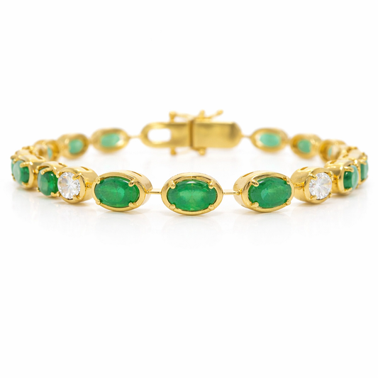 1.20CT Oval Lab Diamond 3.93CT Emerald 14K Yellow Gold Bracelet