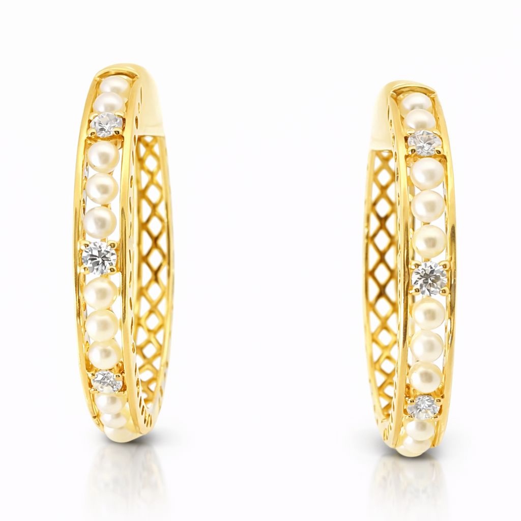 0.33CT Diamond  HOOP 14k Yellow Gold Pearl Earring