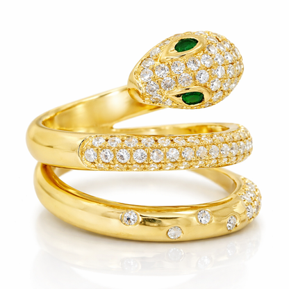 0.90 Diamond and 0.04CT Emerald Serpent Ring 14K Yellow Gold