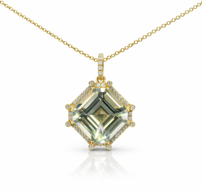 0.32CT Diamond 12.38CT Green Amethyst Pendant 14k Yellow Gold