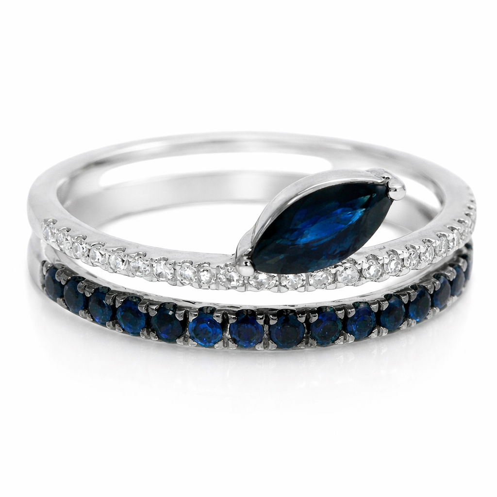 0.09CT Diamond and 0.55CT Blue Sapphire Ring 14K White Gold