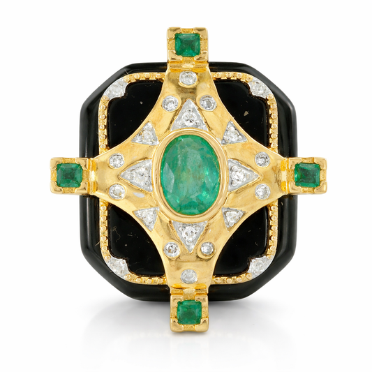 0.10CT Diamond and 0.16CT Ruby with Black Agate Ring 14K Yellow Gold