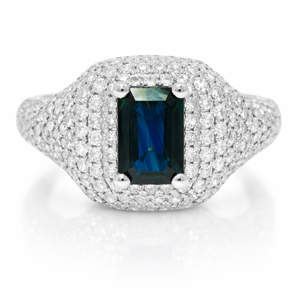 0.75CT Diamond & 0.85CT Emerald Cut Blue Sapphire Centre Stone Ring 14k Yellow Gold