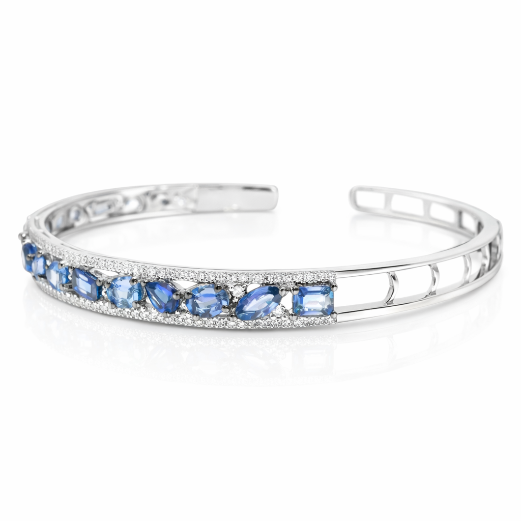0.66CT Diamond 2.87CT Blue Sapphire Bangle 14k White Gold