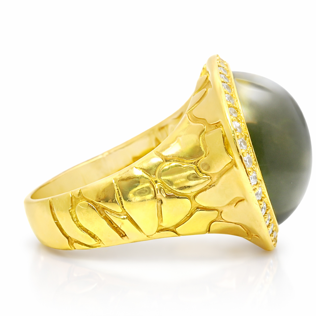 0.44CT Diamond Grey Moon Quartz Ring 14k Yellow Gold