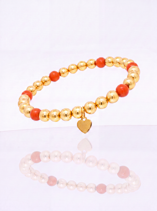 Solid 14k gold bead bracelet with coral station