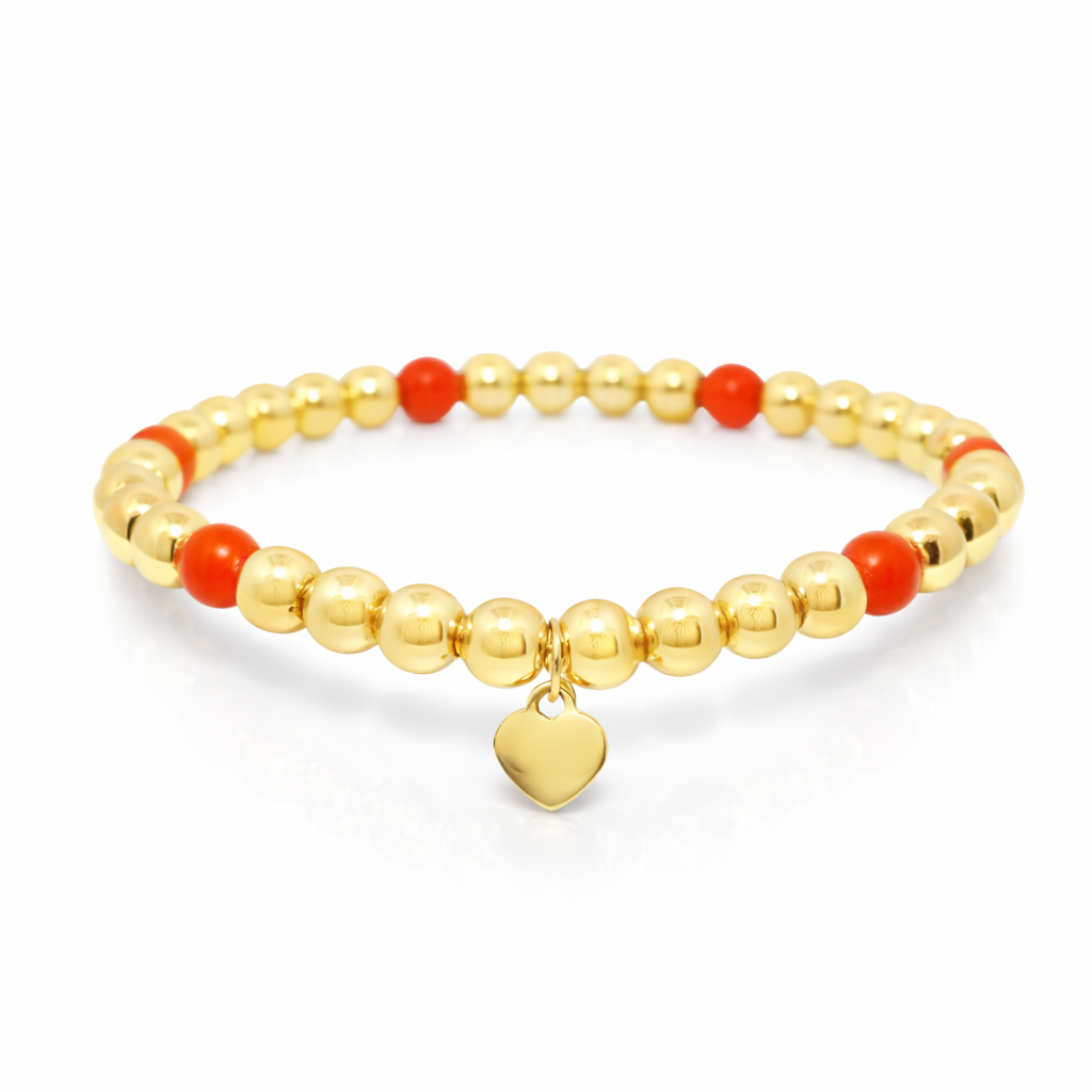 14k gold bead stretch bracelet with coral, detail view