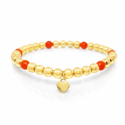 14k gold bead stretch bracelet with coral, detail view