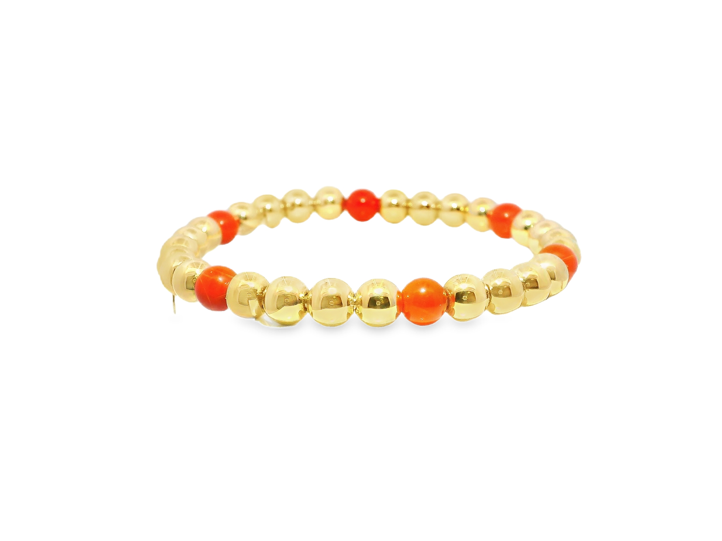 Coral and 14k gold bead bracelet, close crop
