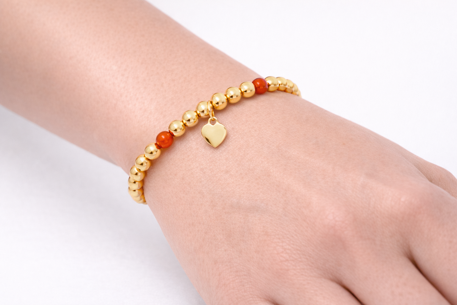 Coral and 14k gold bead bracelet, alternate angle
