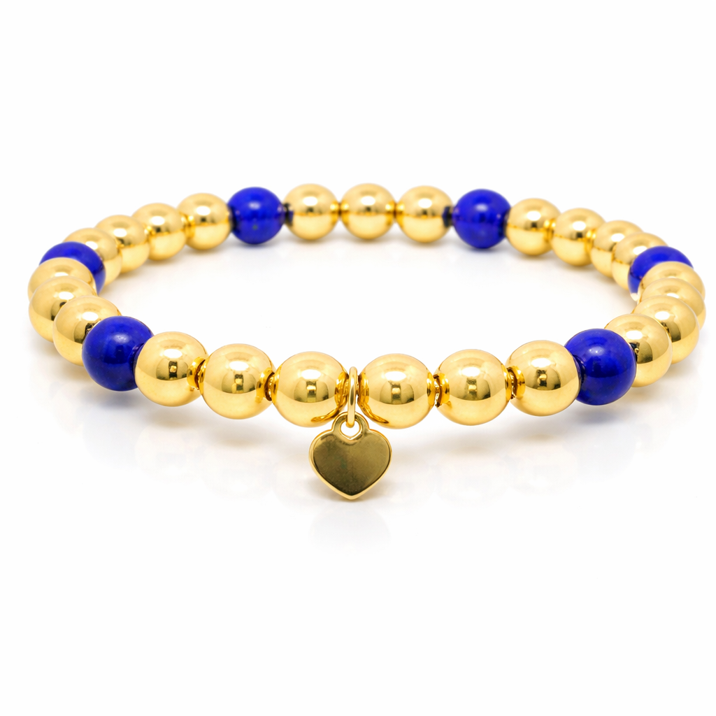 14k gold bead stretch bracelet with lapis lazuli, detail view