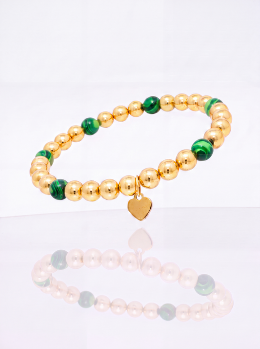 Solid 14k gold bead bracelet with green malachite station