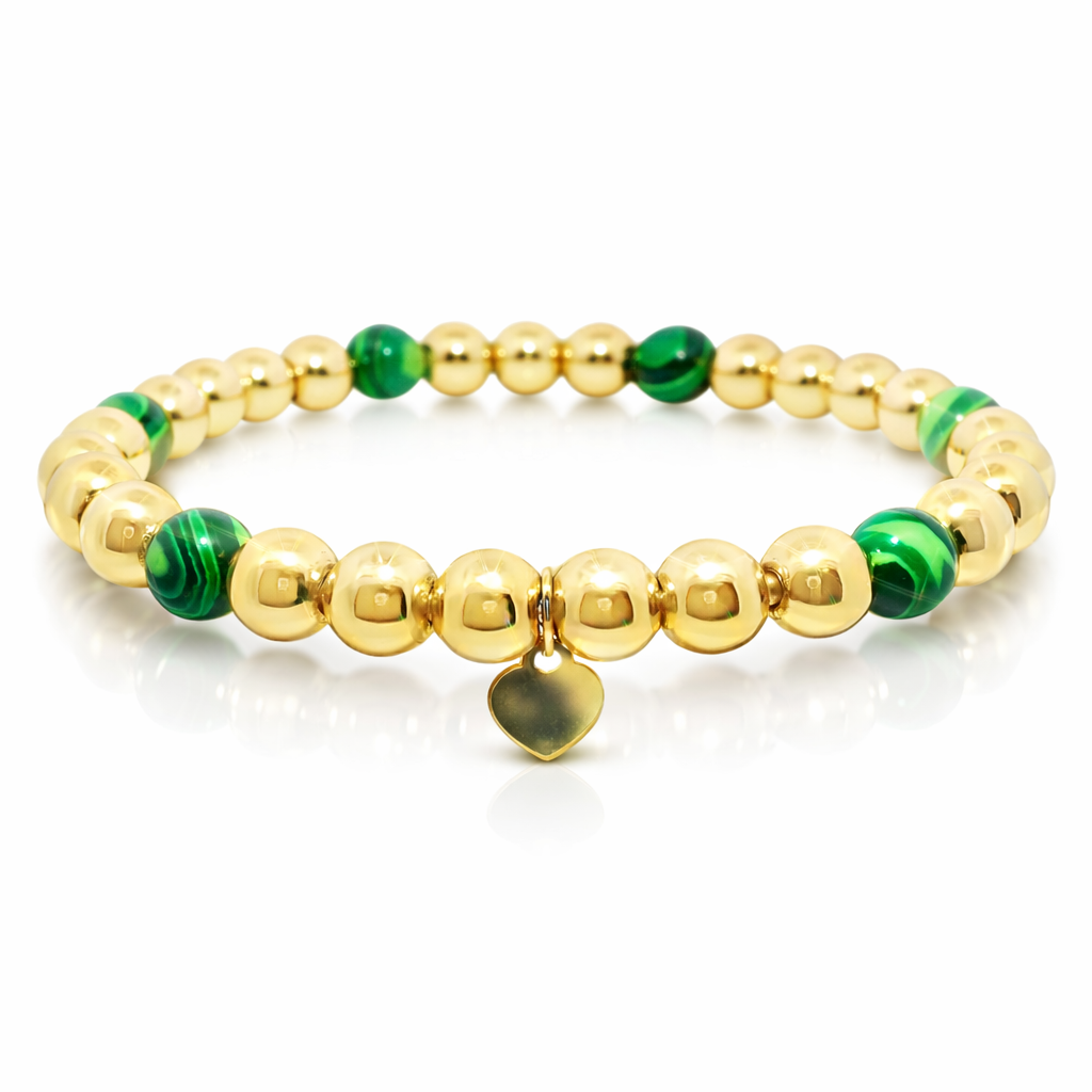 14k gold bead stretch bracelet with malachite, detail view