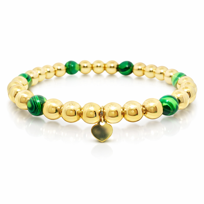 14k gold bead stretch bracelet with malachite, detail view