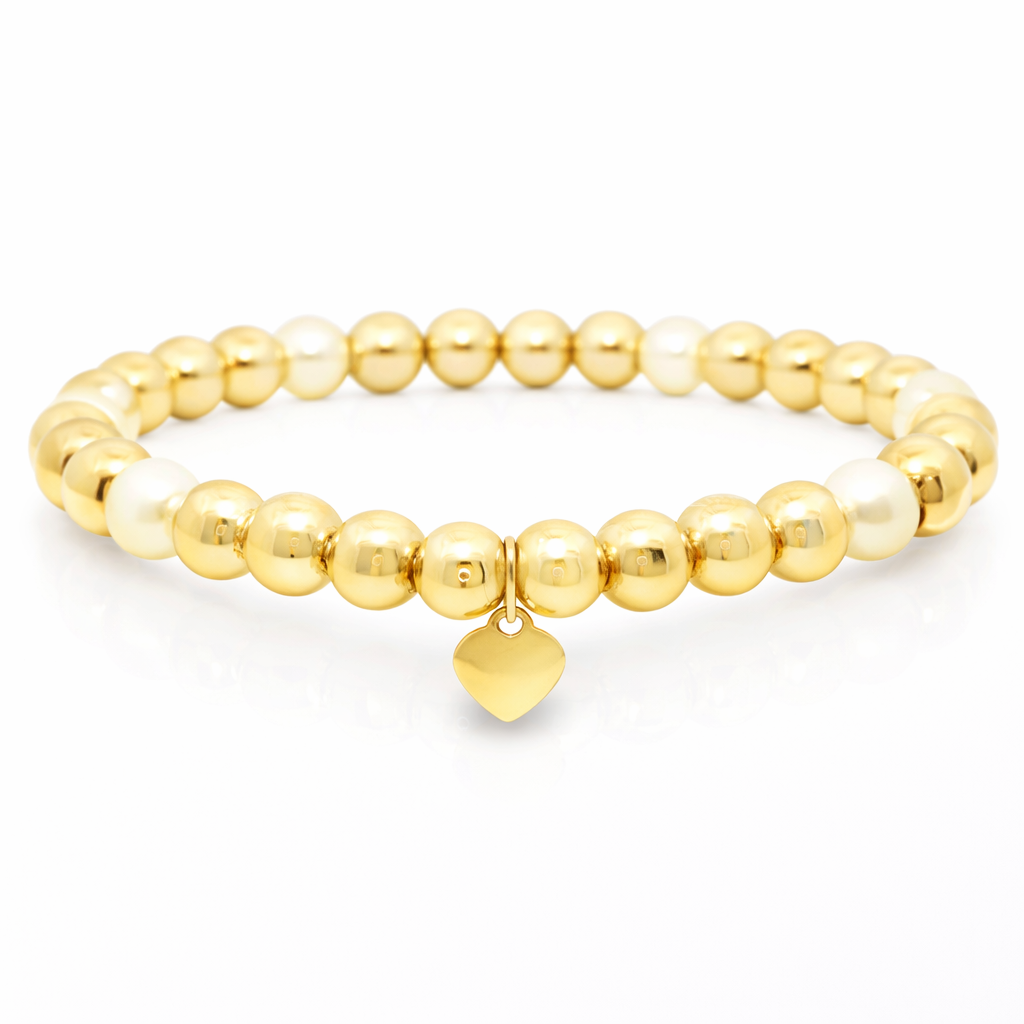 14k gold bead stretch bracelet with mother of pearl, detail view