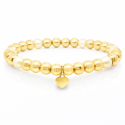 14k gold bead stretch bracelet with mother of pearl, detail view
