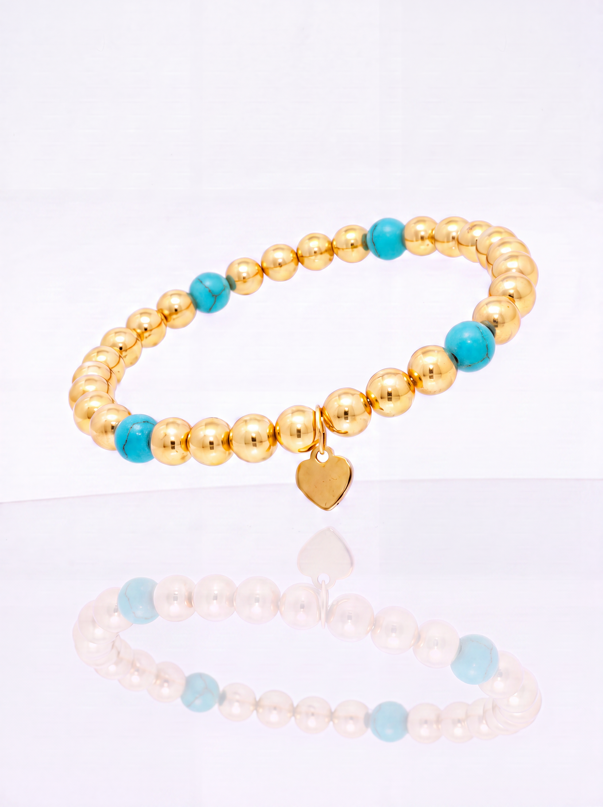 Solid 14k gold bead bracelet with turquoise station, wide gauge