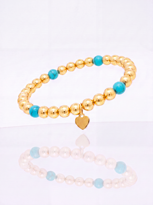 Solid 14k gold bead bracelet with turquoise station, wide gauge
