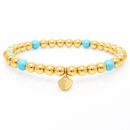 Wide 14k gold bead stretch bracelet with turquoise, detail view