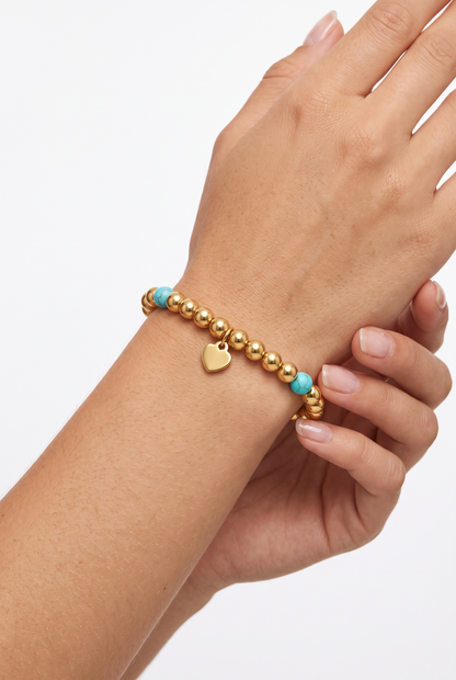 Turquoise and 14k gold bead bracelet, alternate angle