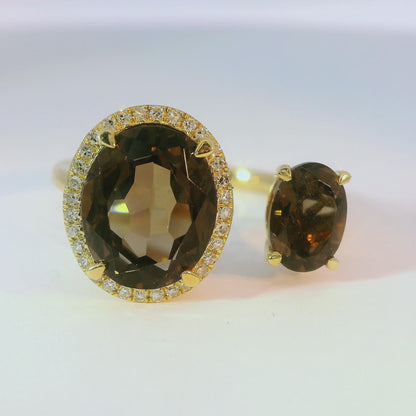 0.09CT Diamond and 3.52CT Smokey Quartz Ring 14K Yellow Gold