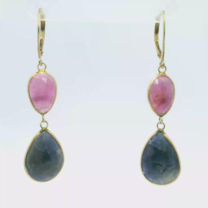 Pink and Blue Sapphire 14k Yellow Gold Earring