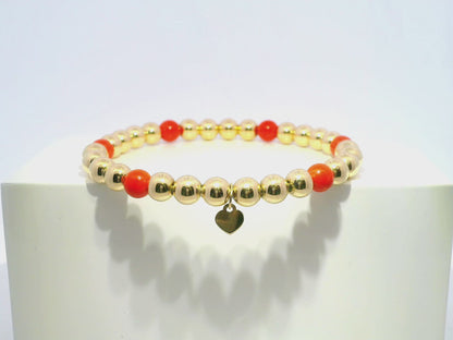 Plain Beaded with Corallo 14k Yellow Gold Bangle