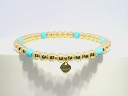 Plain Beaded with Turchese 14k Yellow Gold Bangle